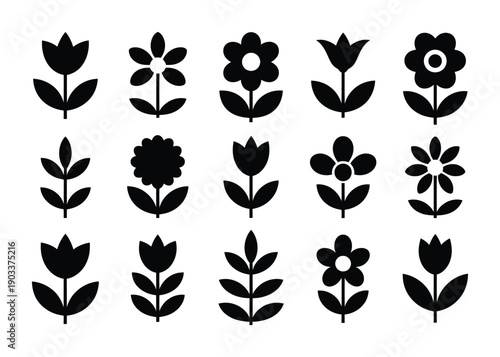 Collection of black vector flowers and stems in a minimalist style