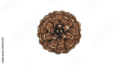 Top-down view of a realistic, open pine cone in a detailed, hand-drawn vintage illustration style, isolated on a clean white background.