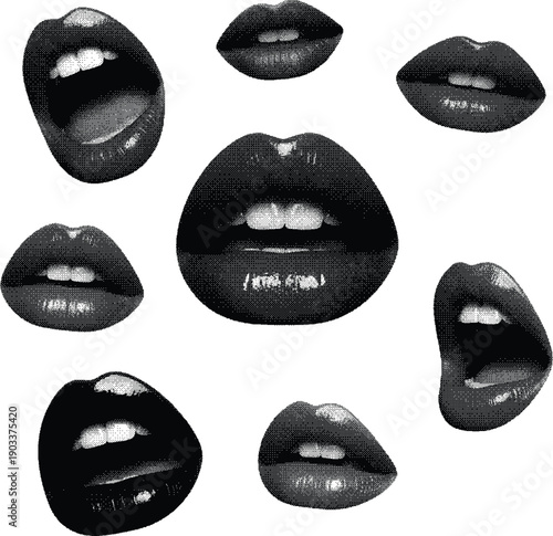 Lips and mouth in scream with monochrome photocopy effect, for grunge punk y2k collage design. Elements in stipple halftone brutalist retro design. Vector illustration for vintage 