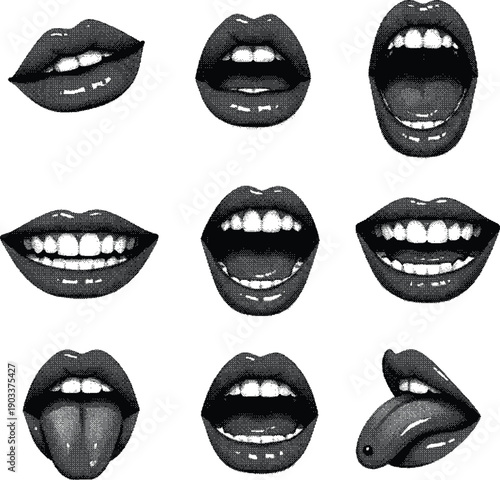 Lips and mouth in scream with monochrome photocopy effect, for grunge punk y2k collage design. Elements in stipple halftone brutalist retro design. Vector illustration for vintage 