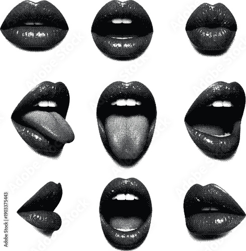 Lips and mouth in scream with monochrome photocopy effect, for grunge punk y2k collage design. Elements in stipple halftone brutalist retro design. Vector illustration for vintage 