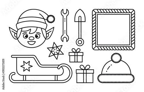Vector illustration of winter holiday elements including elf tools and gifts