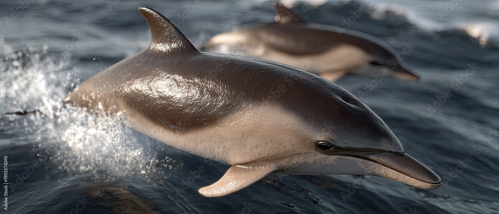 Obraz premium Dolphins swim and play in blue waters of the Red Sea during a sunny day in a photorealistic scene of nature and wildlife