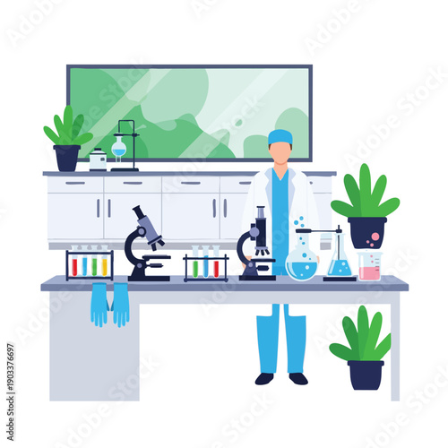 Scientist in Lab with Microscope and Plants