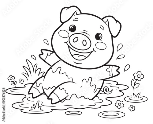Cartoon pig playing joyfully in muddy puddle with flowers  