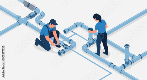 Isometric illustration of two plumbers, a man and a woman, working on pipeline, using wrench, and looking at pipes, in light blue colors.