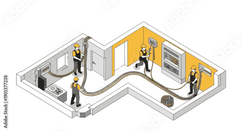 Isometric illustration depicting electricians installing electrical wiring in a building, showcasing cable management and electrical systems for infrastructure projects and design concepts.