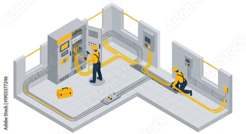 Isometric illustration of two electricians installing wiring in a switchboard room. Useful for illustrating electrical services, construction, or skilled trades.