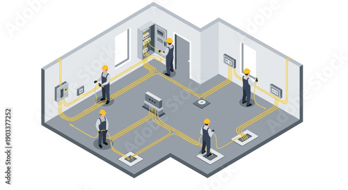 Isometric illustration of electricians installing wires in a building, connecting power outlets and an electrical panel. Good for illustrating construction, electricity, or renovation concepts.