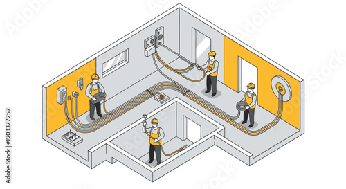 Isometric illustration shows electricians installing electrical wiring in a new building. Conceptual image for construction, infrastructure, and energy efficiency projects.