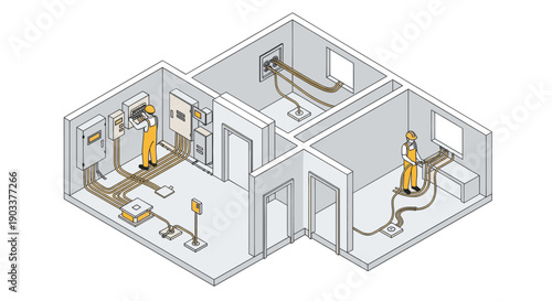 Isometric vector illustration of electricians wiring a house. Includes electrical panels, junction boxes, and workers in overalls. Ideal for construction, renovation, or electrical service ads.
