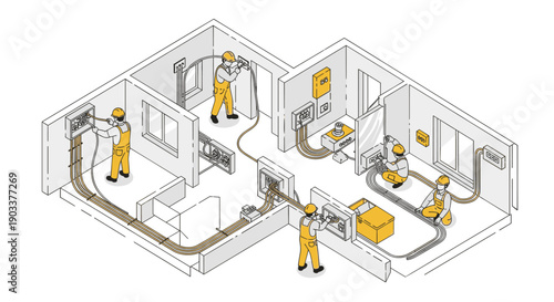Isometric illustration of electricians installing electrical wiring in a new house. Light, clean design for engineering or construction related media. Isolated on white.