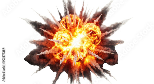 Realistic fiery explosion with radiating orange and yellow flames and dark smoke isolated on a transparent background. Dynamic fire blast and smoke with sparks on transparent Background.