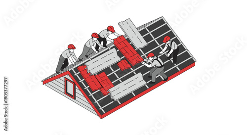 Illustration of a team of roofers installing red roof tiles on a house roof, isometric view, can be used for architectural, construction, or maintenance concepts.