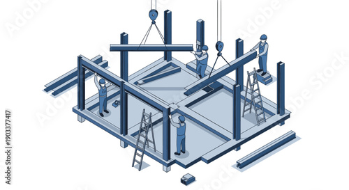 An isometric vector illustration of a steel frame building under construction, featuring workers, a crane, ladders, and beams, on a white background.