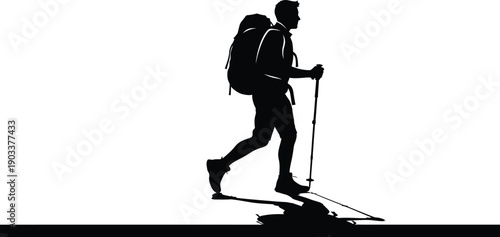Silhouette of a hiker walking with trekking poles and backpack
