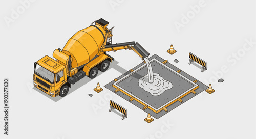 Isometric illustration of a concrete mixer truck pouring concrete into a slab form, with cones and barricades. Perfect for construction, engineering, and infrastructure projects.