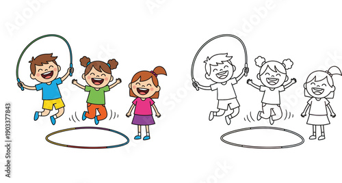 Cute children playing jump rope and hula hoop with coloring book page outline vector illustration for kids education and activity