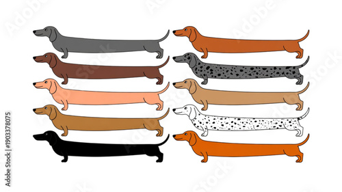 Dachshund dogs in different colors isolated on transparent background.