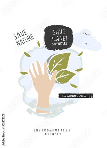 Vector hand drawn sketch of arm supporting green leaves as a sign of concern for the environment. Illustration of Environmentally friendly planet. Ecology and Sustainable lifestyle Consept.Think Greeт