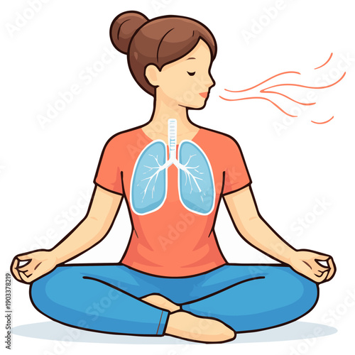 Woman meditating, practicing mindful breathing. Illustration shows visible lungs, symbolizing respiratory health, deep relaxation, stress reduction, and inner peace