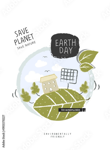 Vector hand drawn cartoon sketch of eco-friendly house with solar panels. Illustration of Environmentally friendly planet. Alternative energy concept.