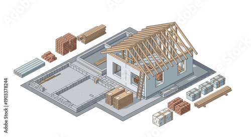 Isometric style illustration depicting the construction stages of a house with foundations, walls, roof trusses and building materials ready. Good for presentations or educational content.