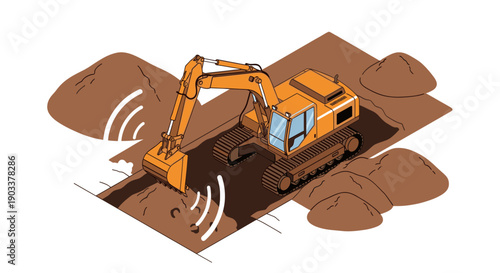 Isometric illustration of an excavator digging a trench, piles of dirt. Perfect for construction, engineering, and equipment advertising or educational materials. White background.