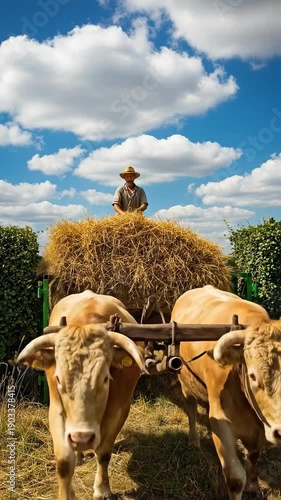 A middle-aged male farmer sitting on a large pile of hay on a wooden cart pulled by two oxen through a green gate in a sunny rural field under a blue sky with clouds.