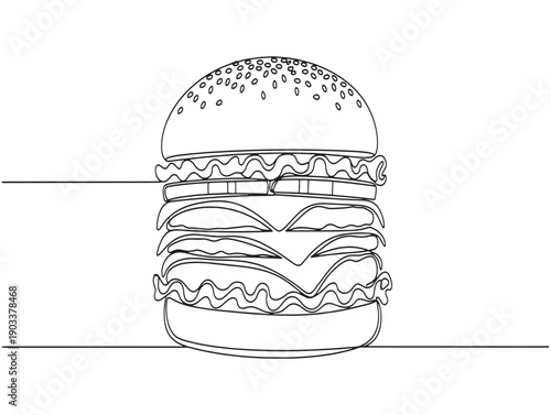 A detailed drawing of a hamburger with multiple layers and toppings