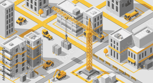Isometric illustration of a construction site with a crane lifting building materials. Ideal for architectural projects, infrastructure, urban planning, and development concepts.