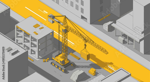 Isometric illustration of a yellow crane lifting materials at a stylized construction site within a gray city. Good for architecture, engineering, and urban planning related content.