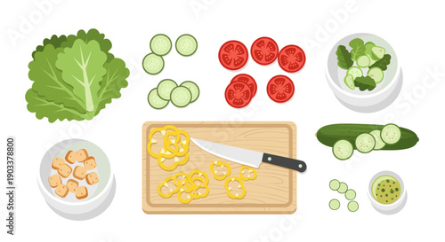 An overhead illustration of salad ingredients, including lettuce, cucumber, tomatoes, croutons, and dressing on a white surface. Depicts fresh vegetables being prepared on a cutting board.