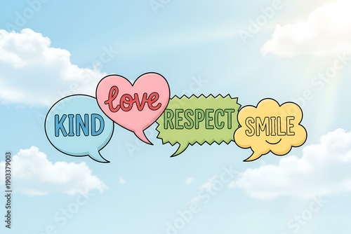 Kind Love Respect Smile Concept with Colorful Speech Bubbles on Sky Background