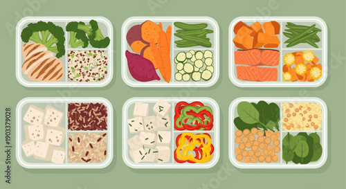 Six meal prep containers filled with healthy meals. Includes chicken, salmon, tofu, vegetables, grains. Useful for healthy eating, diet, balanced nutrition concepts.