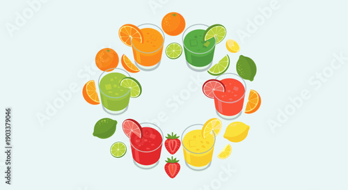 Vibrant illustration of various fruit juices arranged in a circle. Includes orange, lime, grapefruit, lemon and strawberry flavors. Perfect for health, nutrition and summer themes.