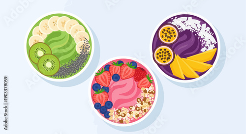 Three vibrant smoothie bowls featuring colorful fruits and toppings. Ideal for healthy eating, breakfast, or dessert concepts. Perfect for blogs, websites, and marketing materials.