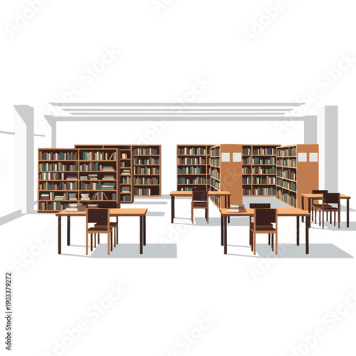 Modern Library Interior with Bookshelves and Study Tables