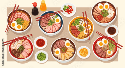 Overhead illustration featuring a variety of ramen bowls with different toppings, sauces, and sides. Ideal for food blogs, restaurant menus, or culinary designs.