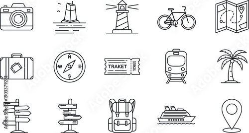 Minimal Line Travel and Tourism Icon Set with Camera Lighthouse Bicycle Map Transport and Navigation Symbols