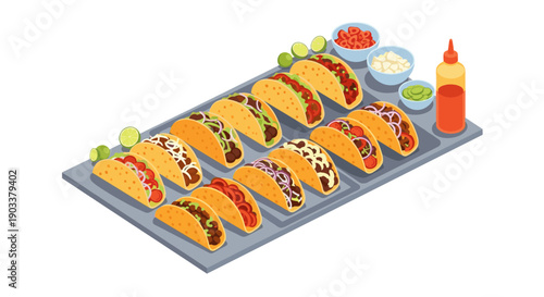 Isometric illustration of a tray filled with various tacos and topping bowls, including lime, tomatoes, onions, and sauces. Ideal for restaurant menus, food blogs, and advertising materials.
