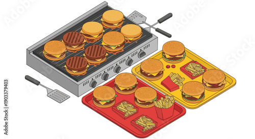 Isometric illustration of burgers cooking on a grill and served on trays with fries. Suitable for fast food promotions, menus, or restaurant branding.