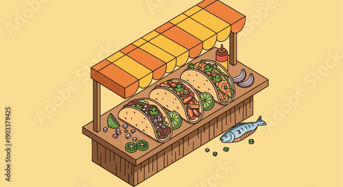 Isometric illustration of a taco food stand with various delicious tacos and toppings. Perfect for food blogs, menus, or any design project needing vibrant cuisine imagery.