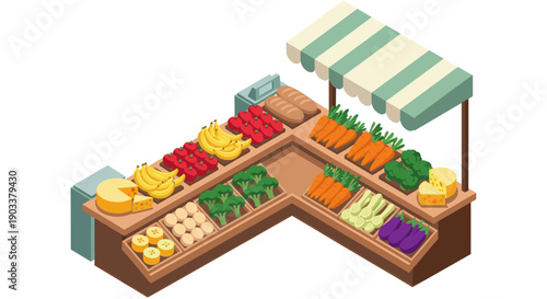 Isometric illustration of a farmer's market stall filled with colorful fruits, vegetables, and cheese. Ideal for food, health, and grocery related designs.
