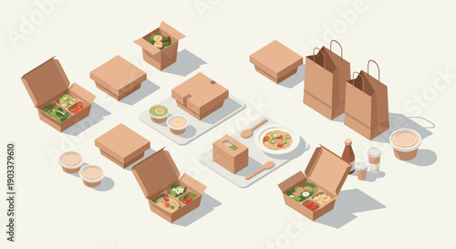 Overhead isometric illustration of various takeaway food containers and bags. Ideal for websites, apps, or marketing materials related to food delivery services.