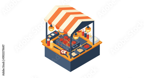 Isometric illustration of a food stand with burgers grilling, various toppings, and condiments. Ideal for use in food-related designs, mobile games, or restaurant websites.