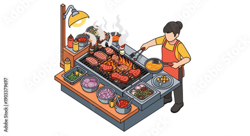 Isometric illustration of a grill station with a cook grilling meats and vegetables. Perfect for food service or culinary website designs.