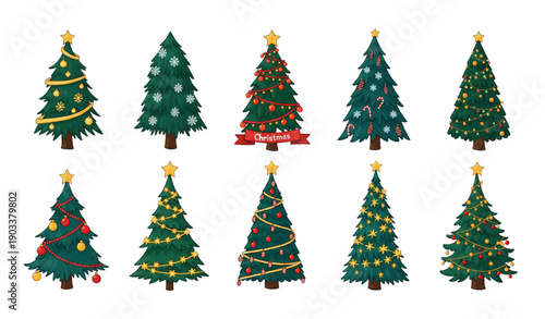 Decorative Christmas tree vector set for holiday greeting cards