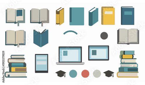Modern e-learning books vector set in flat style for web and apps