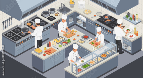 Isometric illustration of a bustling restaurant kitchen with chefs cooking, chopping, and plating dishes. Depicts teamwork, food preparation, and professional culinary environment.
